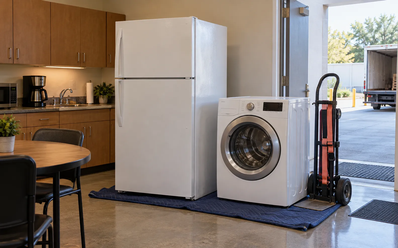 Illustrative refrigerator and washer staged for pickup