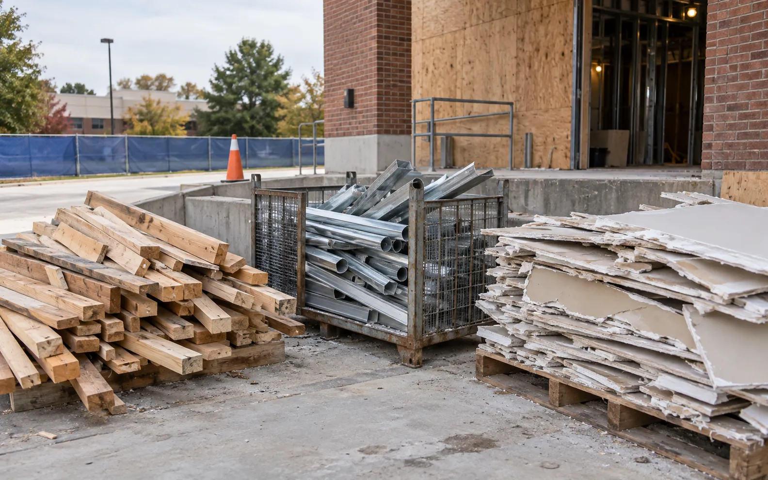 Illustrative sorted construction debris at a renovation site